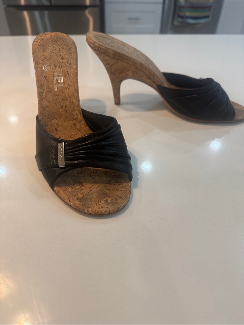 CHANEL Black Leather Cork-Heel Slide Mules